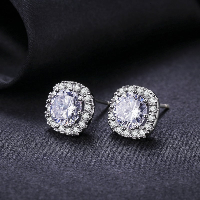 SBLING Platinum Plated Cubic Zirconia Cushion Shape Halo Stud Earrings (1.90 cttw) - Image 2